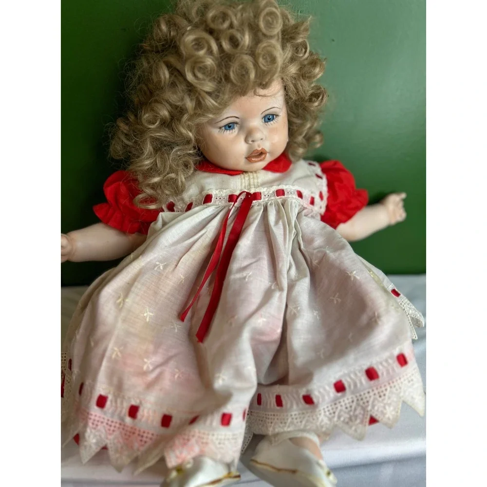 Vintage Porcelain Collector Doll Blonde Curly Hair Red White Lace Dress BlueEyes